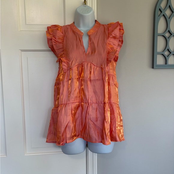 Umgee Tops - Umgee Coral-Orange Ruffle Sleeve Tiered Peasant Top